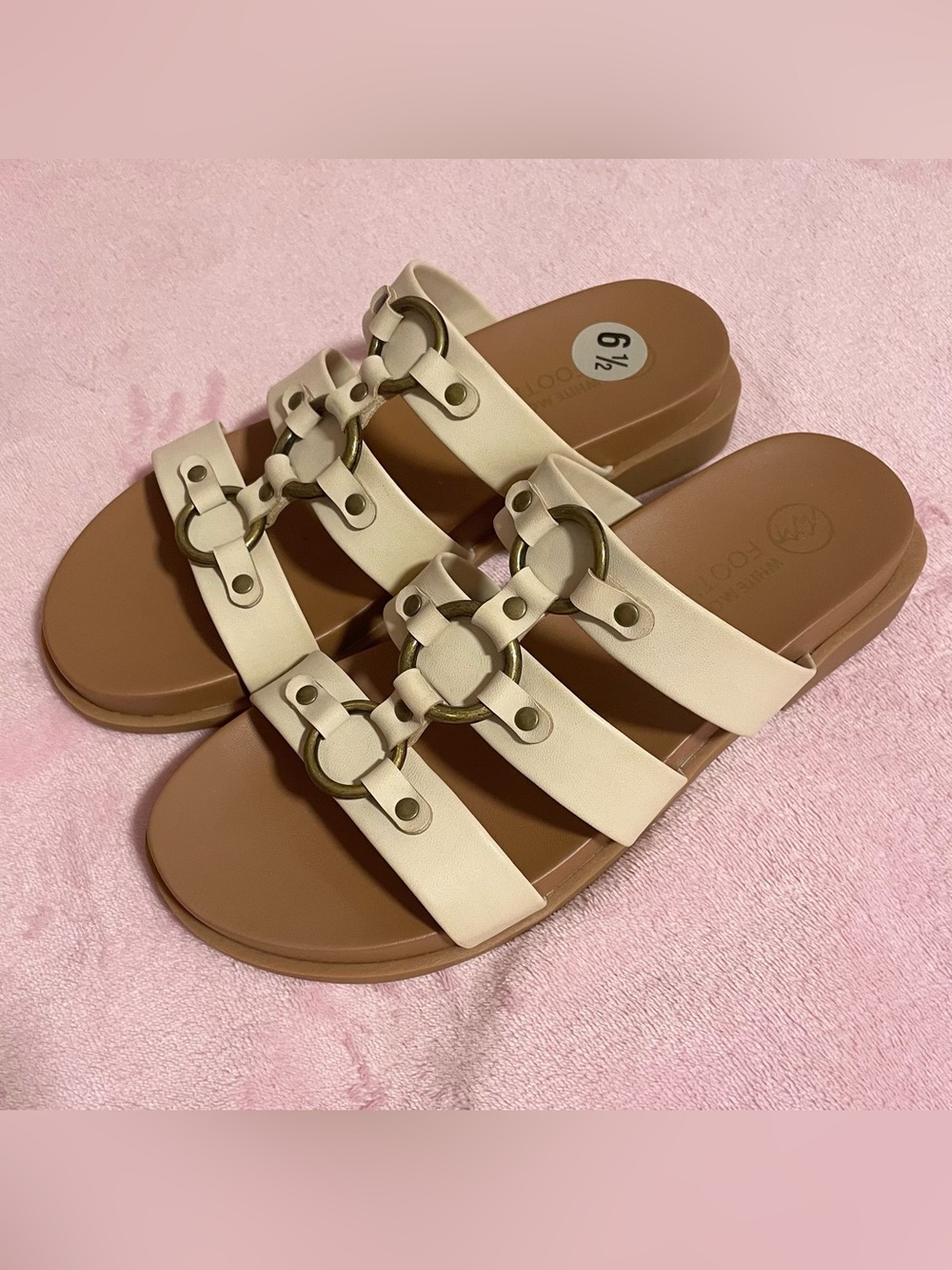 Women’s White Mountain Cream Tan Strap Wedge Slide Sandals Size 6.5